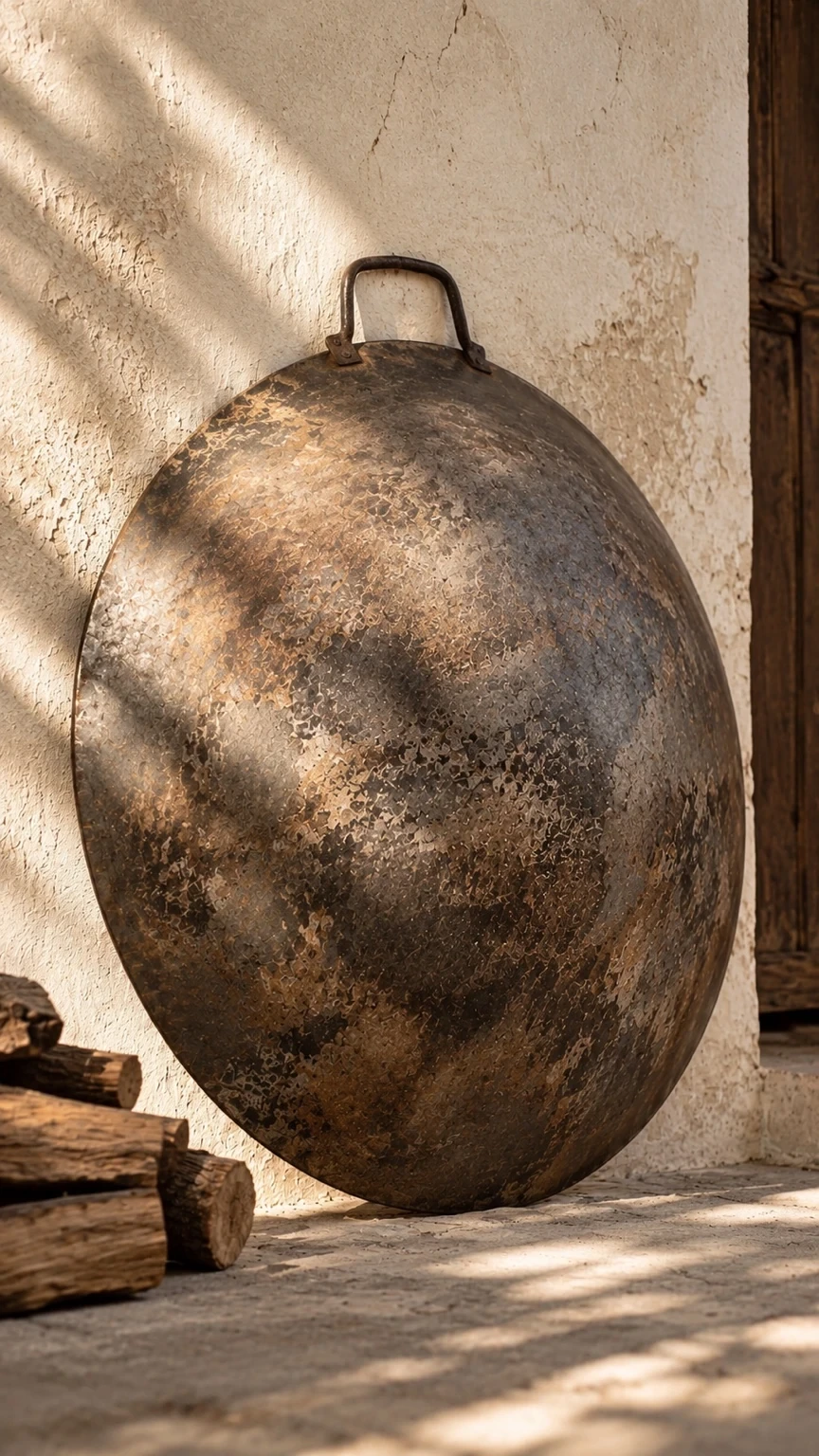 An unpainted domed metal saj with its hanging handle visible against a pale wall.
