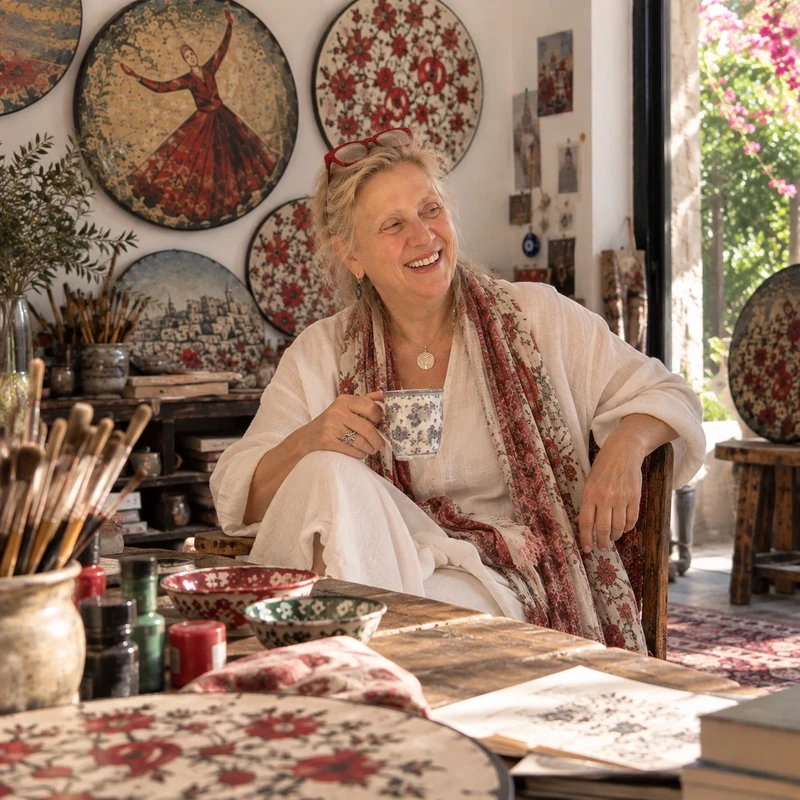 The artist seated with a cup among painted saj in a studio scene; a supplied creative reconstruction.