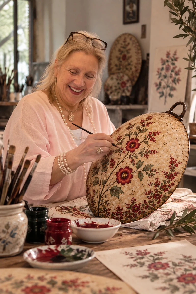 The artist working with a brush on a floral saj in a studio scene; a supplied creative reconstruction.