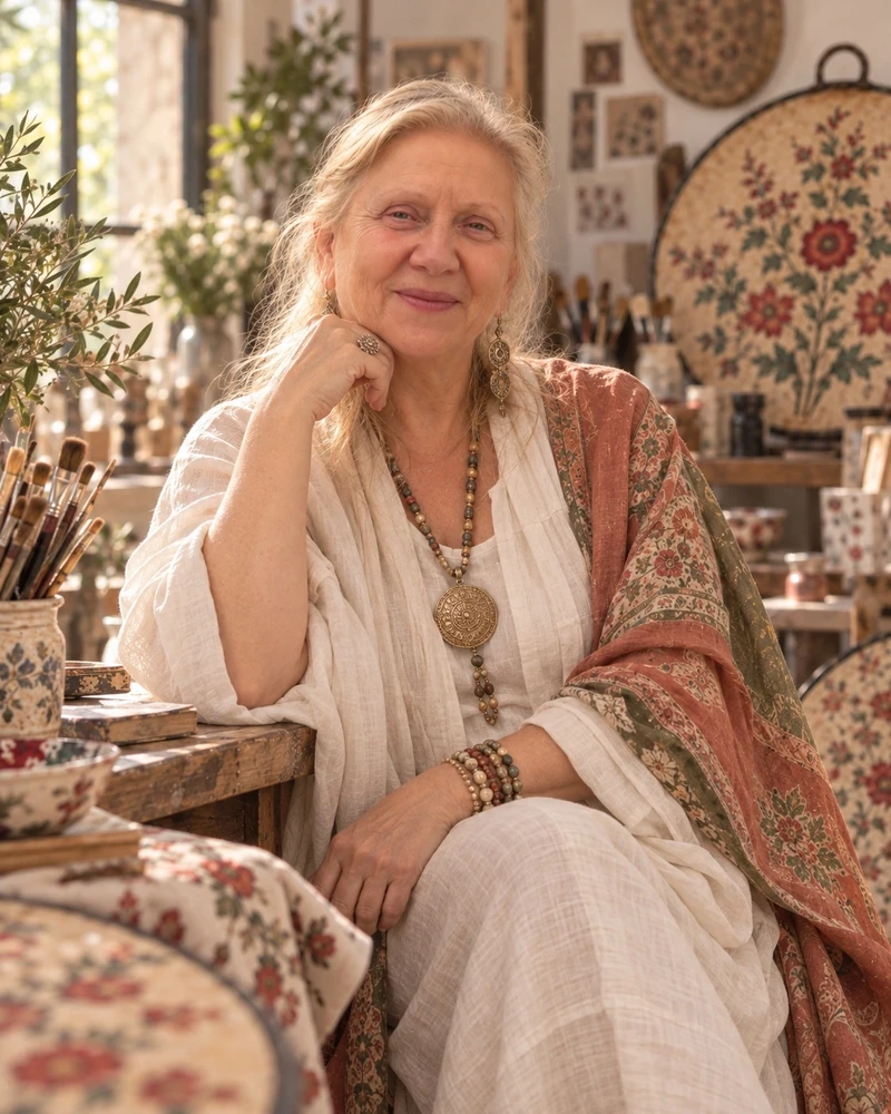 The artist seated in an ivory dress and patterned shawl, resting her chin on one hand, with brushes and painted saj around her.