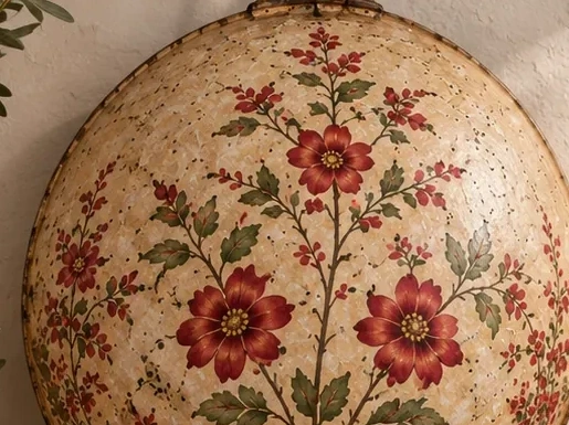 Close view of red floral painting and green foliage on the curved surface of a saj.
