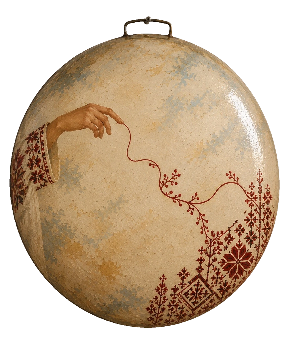 A hand holds a curling red thread that branches into floral embroidery at the lower right of a pale saj with blue and gold accents.