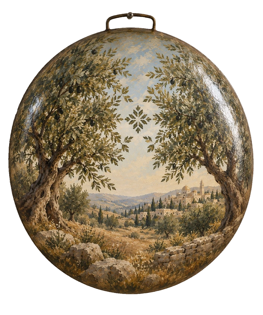 Two olive trees frame a rocky path and a distant hillside town, with a small leaf-shaped motif between their branches on a saj.