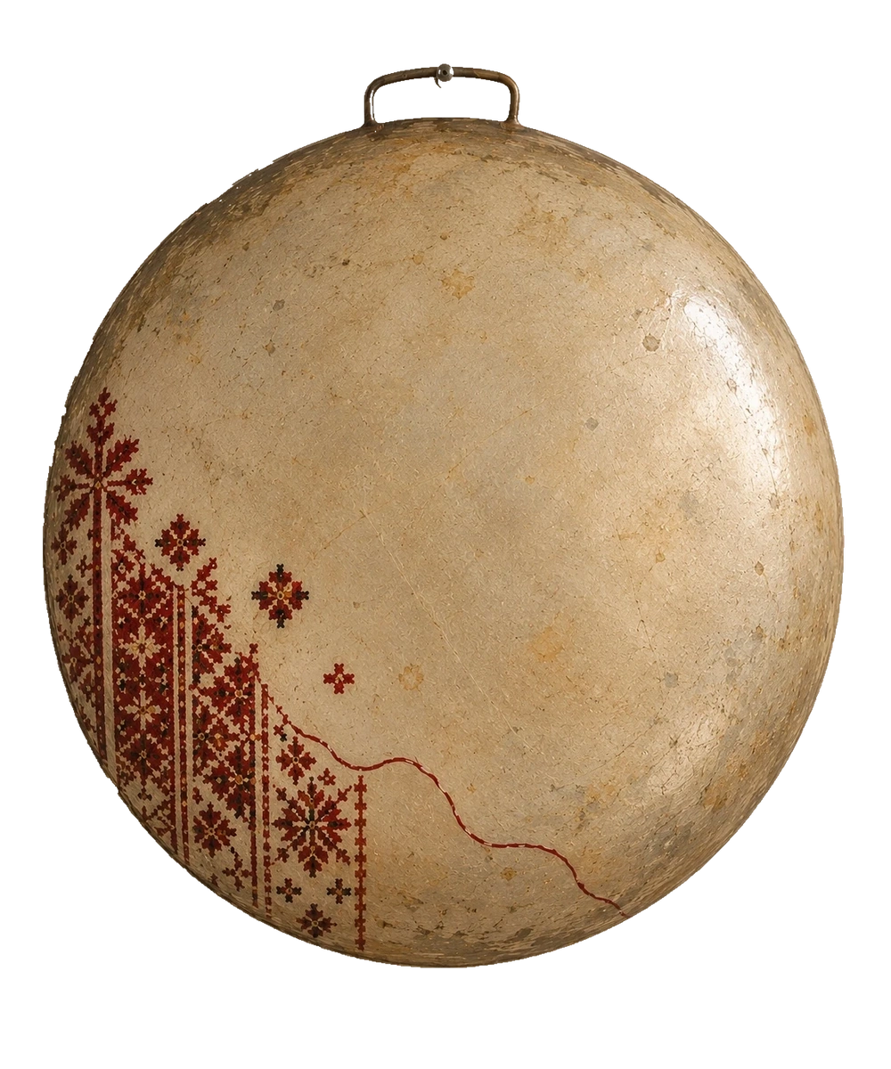 Red and dark geometric tatreez gathers along the lower left of an almost bare ivory saj, trailing into a fine red line.