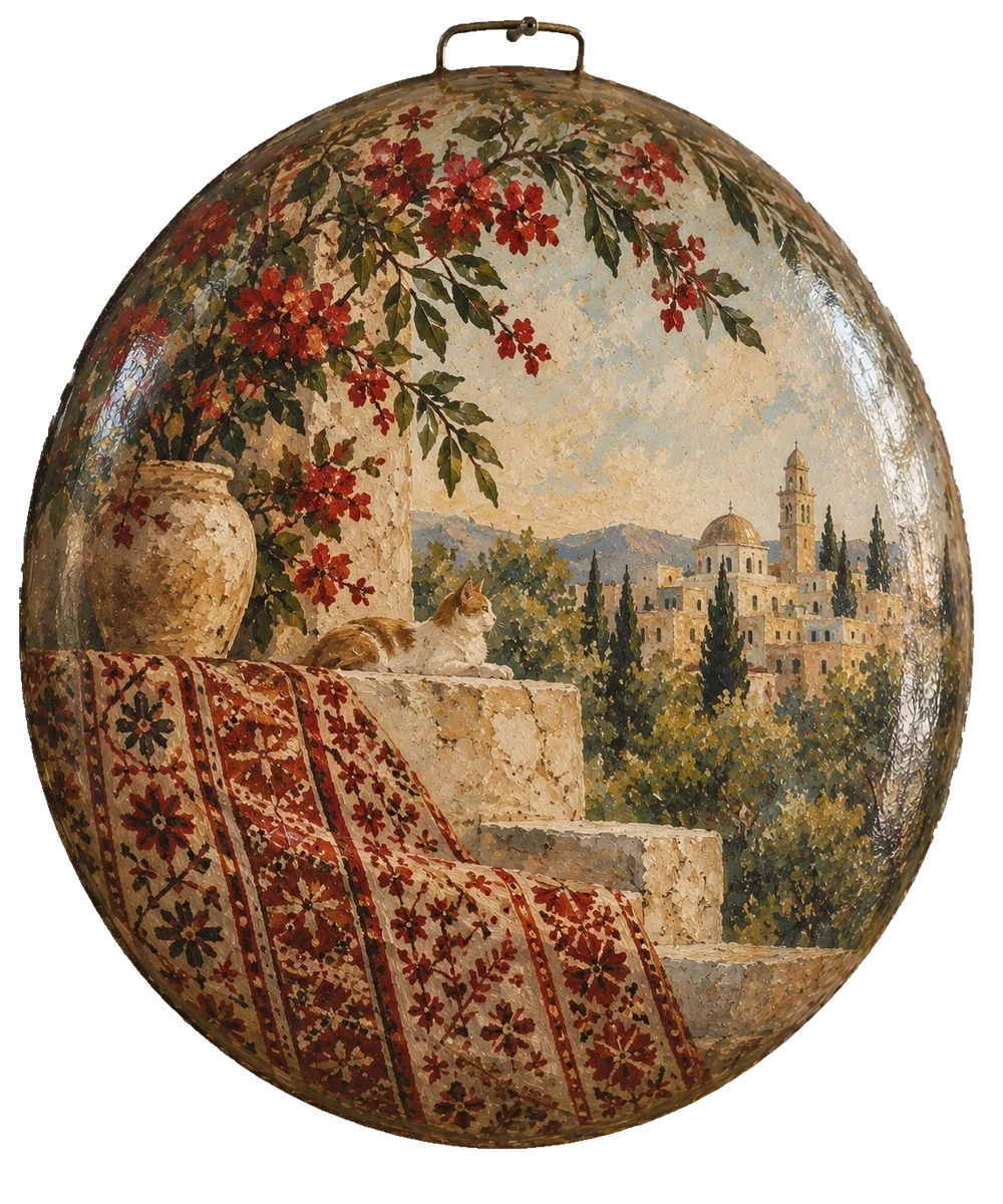 A cat rests on a stone terrace beside an embroidered textile and a vase, beneath red flowers overlooking a hillside town on a saj.