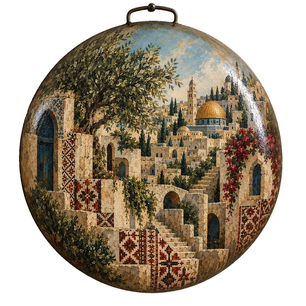 Blue doors, stone stairways, olive foliage and red tatreez lead through a painted city toward Jerusalem’s golden dome on a saj.