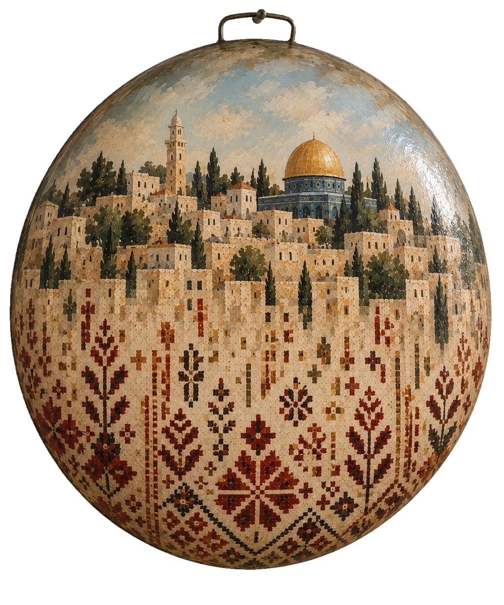 Jerusalem’s stone buildings, cypress trees and golden dome merge into red, black and ochre tatreez motifs on a domed saj.