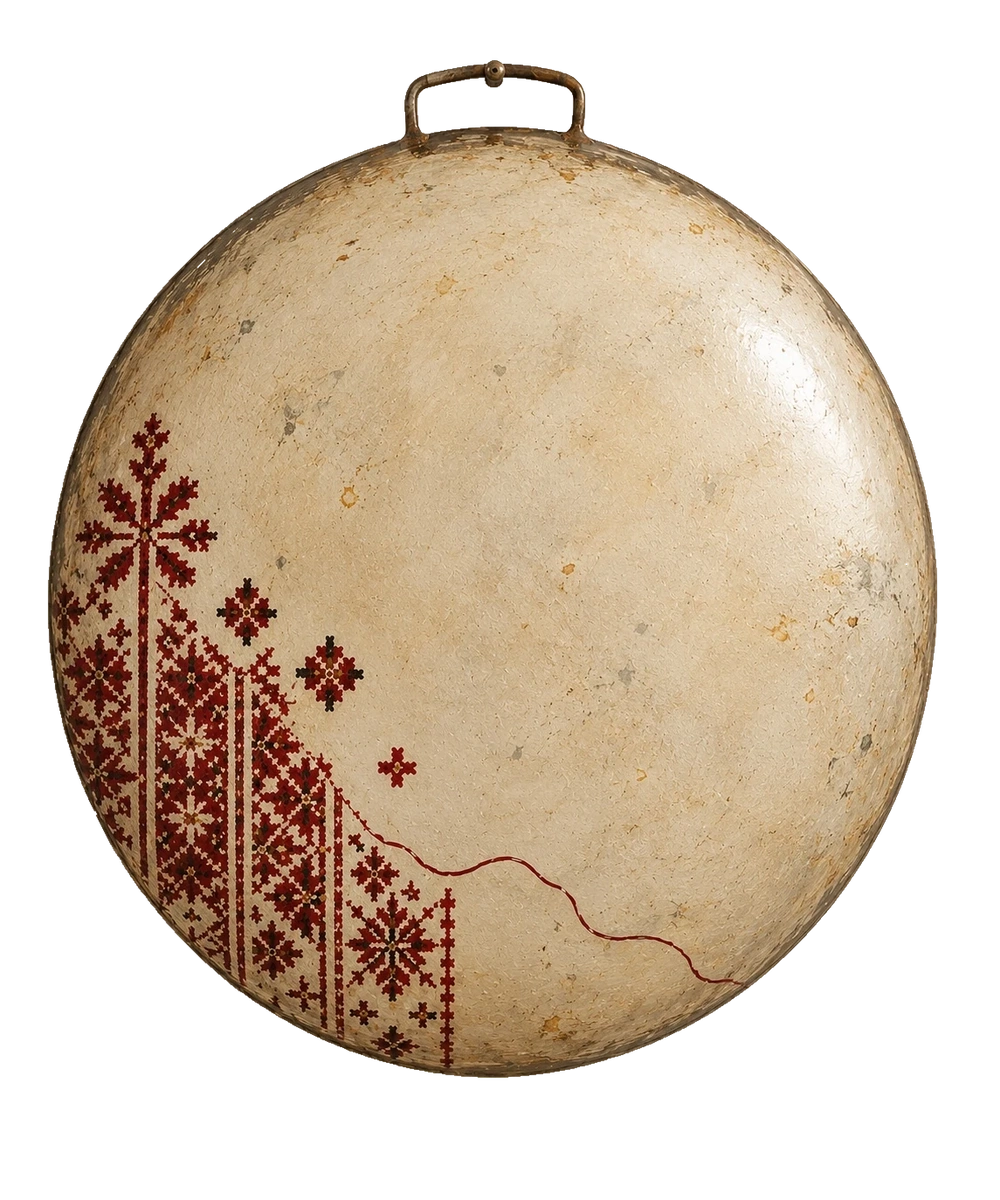Red and dark tatreez motifs rise from the lower left of a pale, domed saj, with a single red thread extending across the surface.