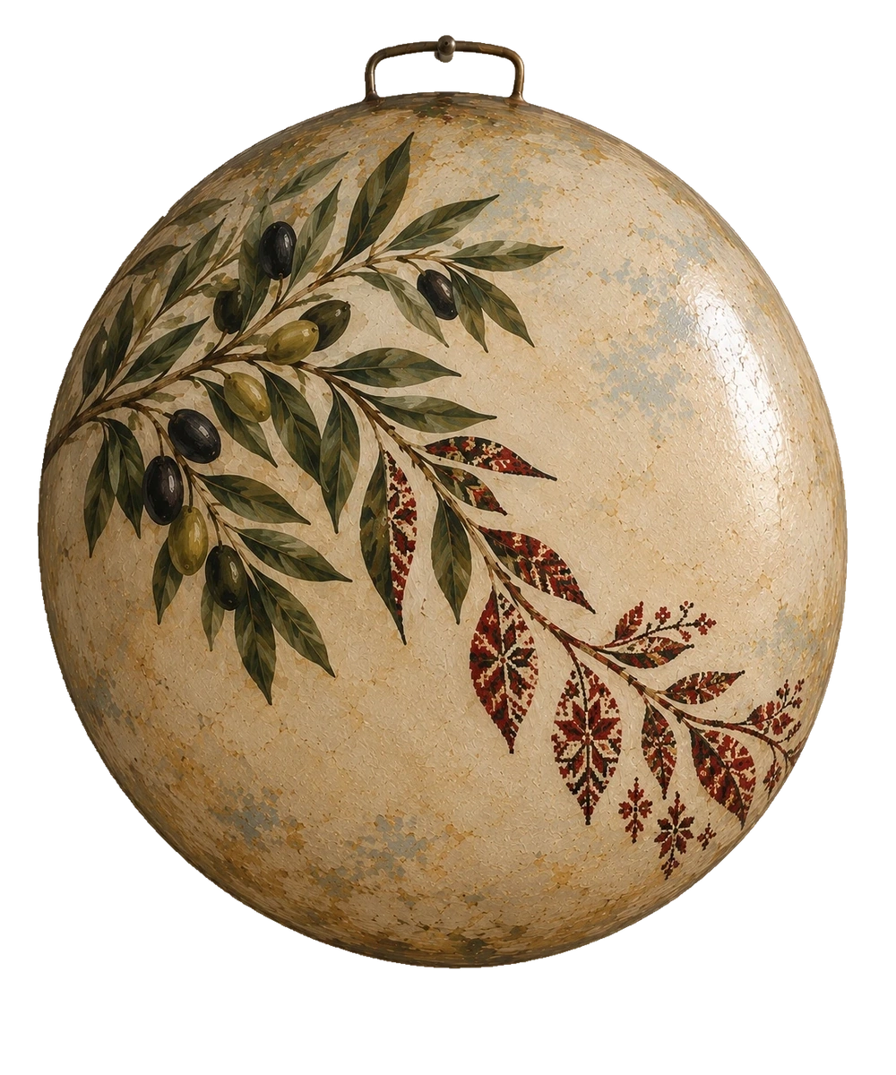 A leafy olive branch with green and black olives changes into red tatreez-patterned leaves across a pale domed saj.