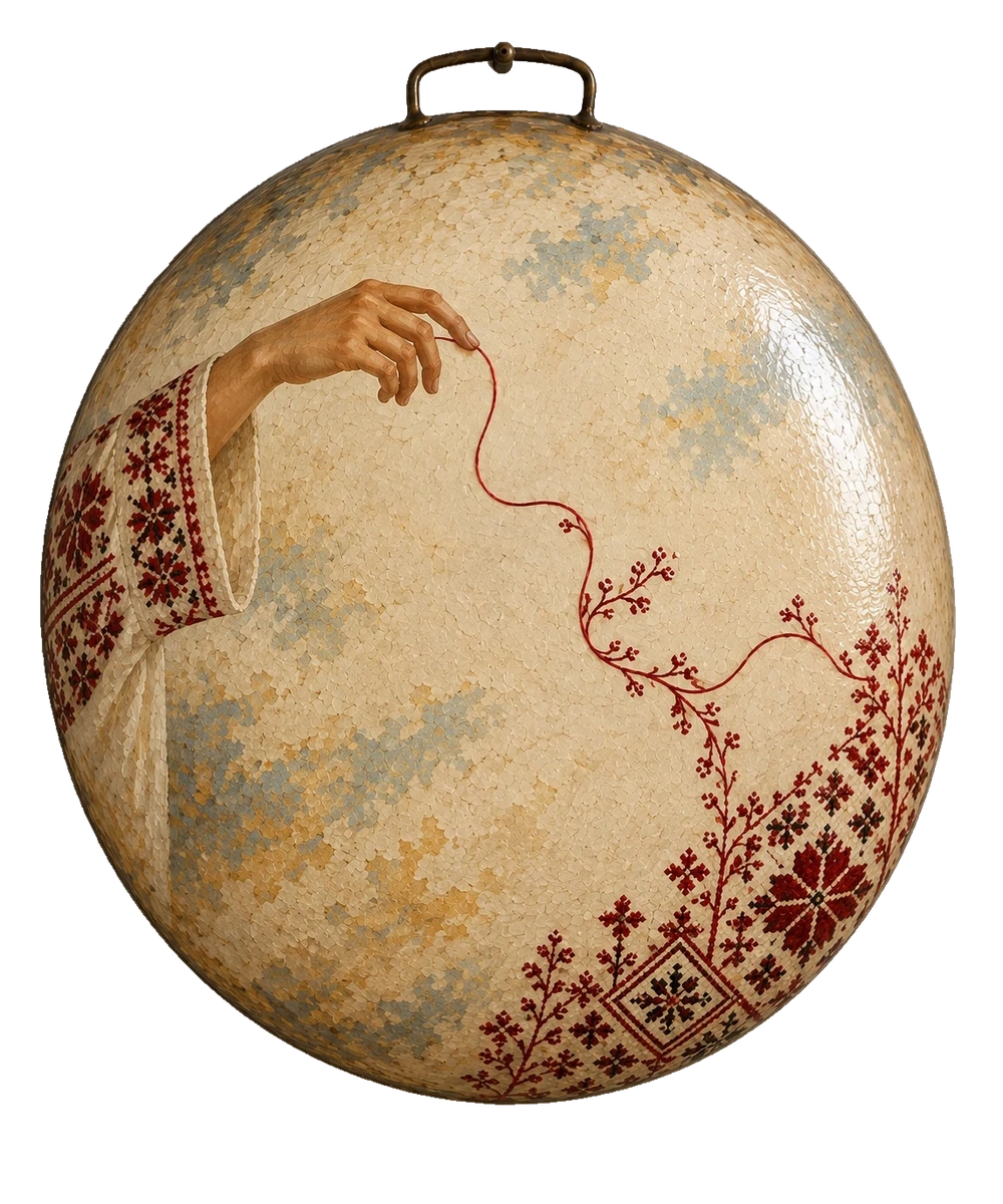A hand emerging from an embroidered sleeve holds a red thread that becomes floral tatreez across an ivory and pale blue saj.