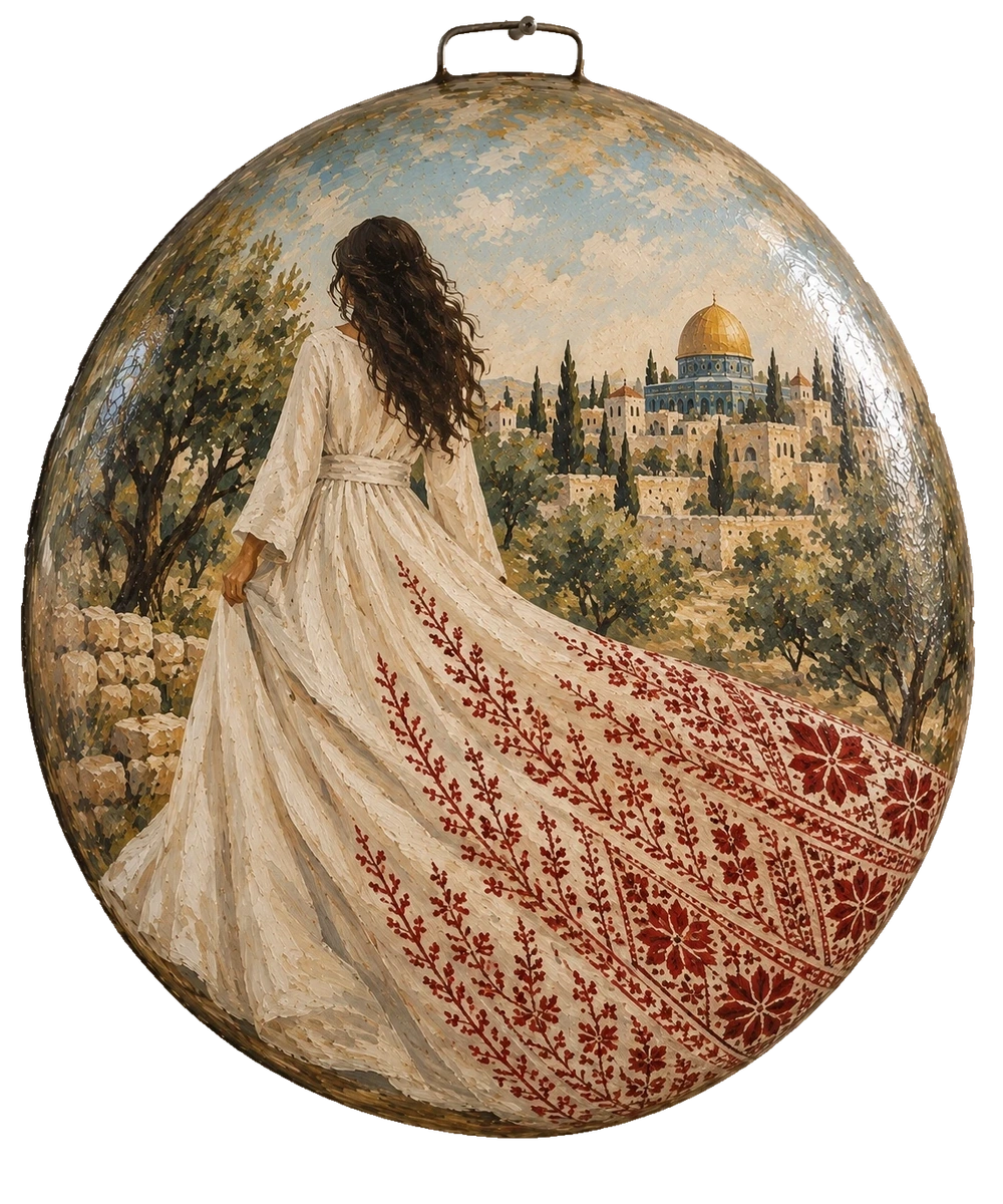 A woman in an ivory dress with a long red-embroidered train faces olive trees and Jerusalem’s golden dome on a painted saj.