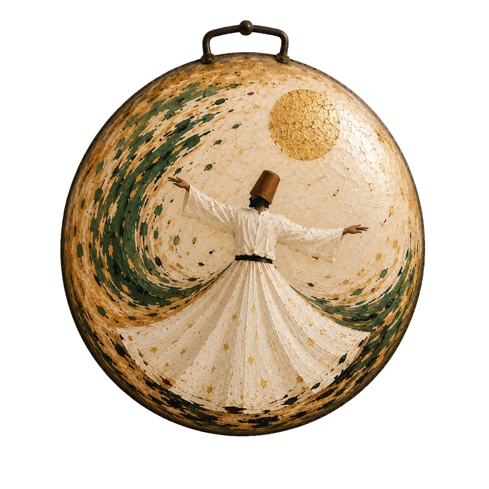 One whirling figure in white beneath a gold disc, surrounded by green and gold brushstrokes on an ivory saj.