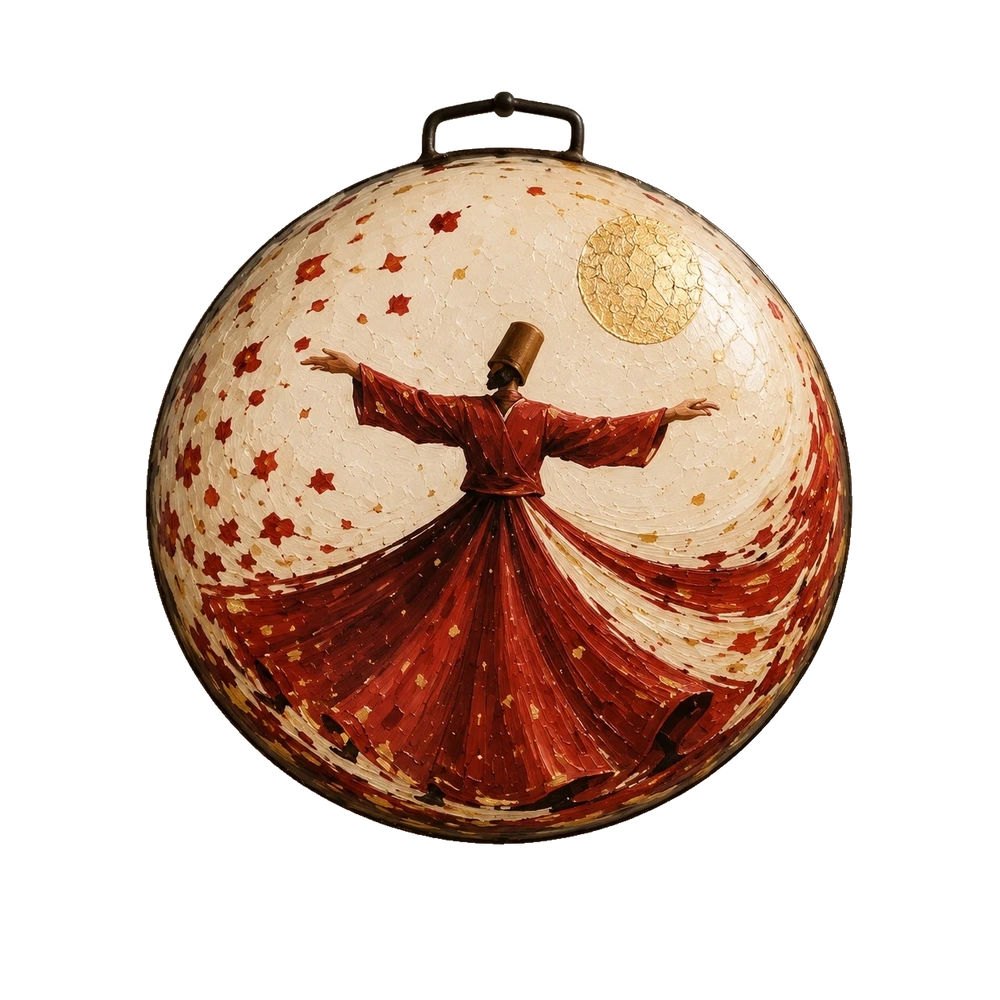 A single whirling figure in a red robe beneath a gold disc, with scattered red floral marks on a pale saj.