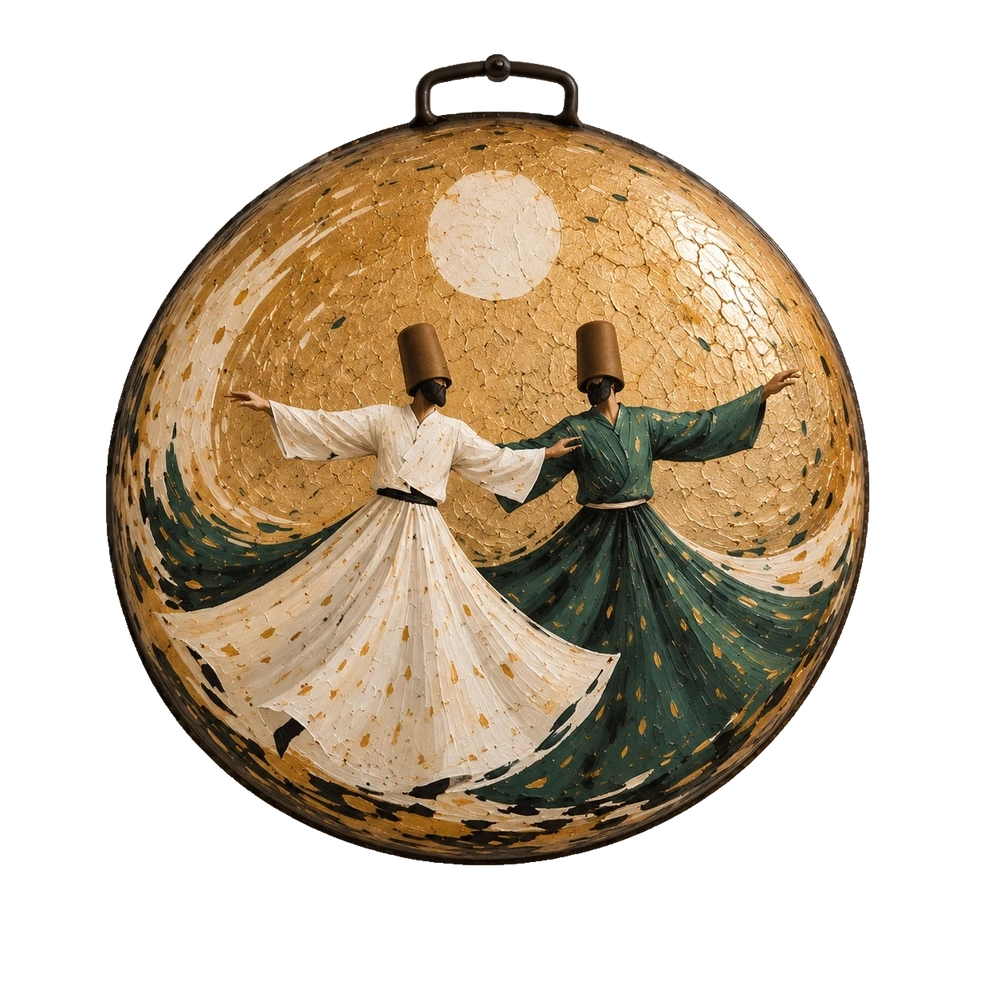 Two whirling figures in white and green against a gold field, beneath a pale disc on a saj.