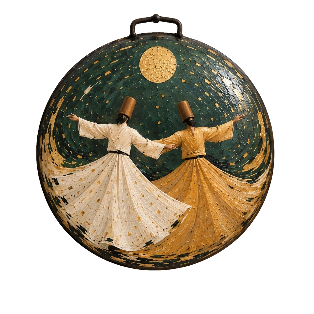Two whirling figures in white and gold beneath a gold disc against a deep green field on a saj.