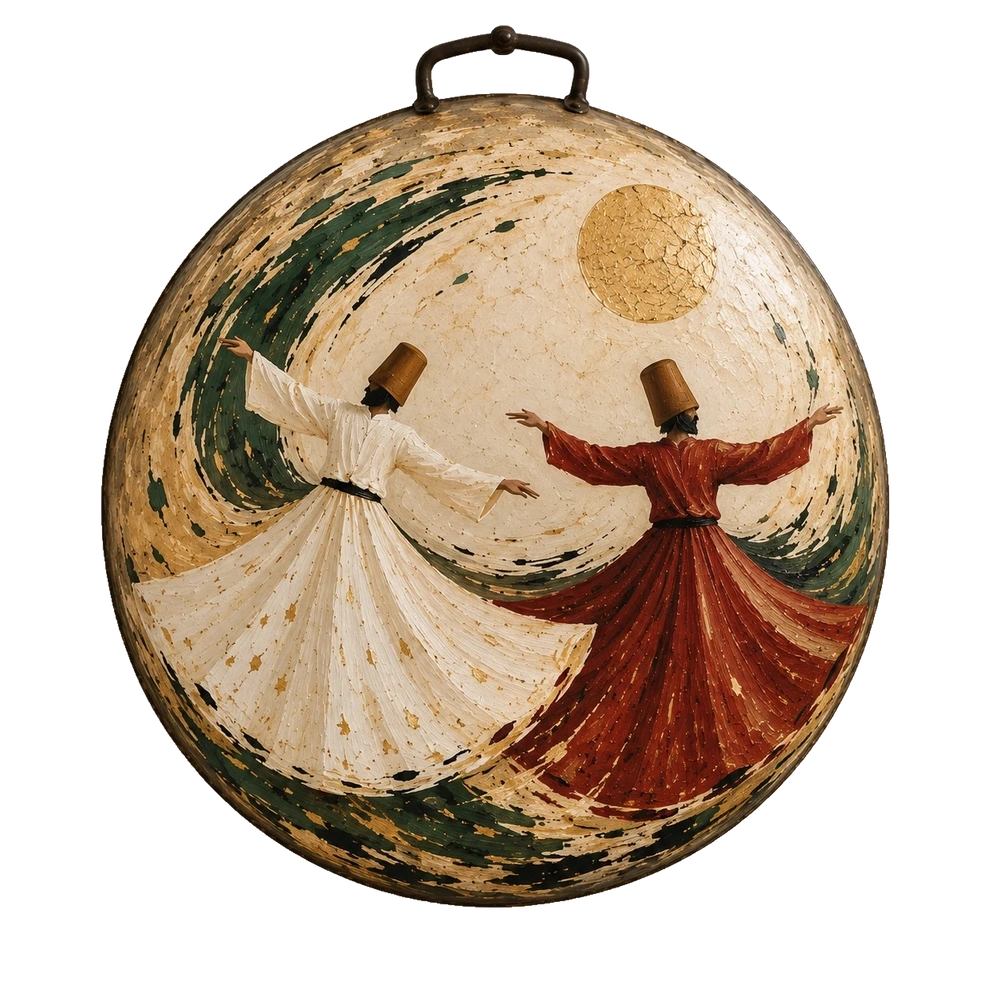 Two whirling figures in white and red, with green sweeping brushstrokes and a gold disc on an ivory saj.