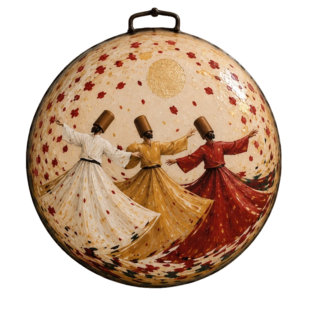Three whirling figures in white, gold and red beneath a gold disc, surrounded by red floral marks on a saj.