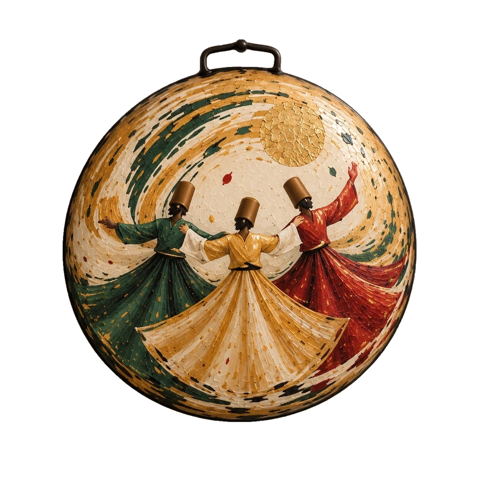Three whirling figures in green, gold and red, the gold figure in front, amid curved green and gold brushwork on a saj.