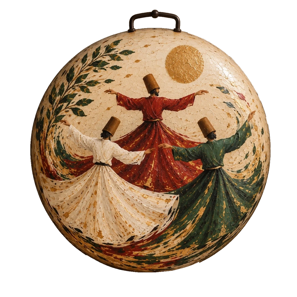 Three whirling figures on an ivory saj: red above, white at lower left and green at lower right, beside a leafy branch and gold disc.
