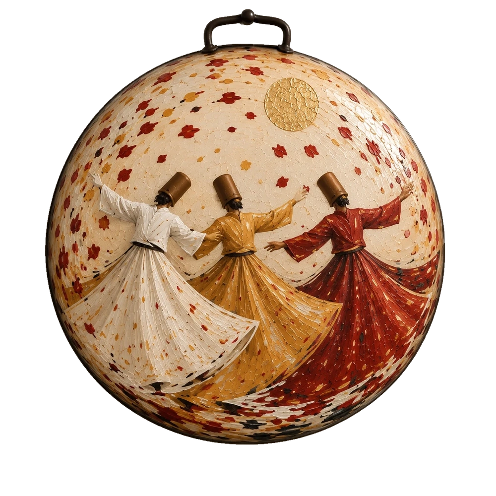 Three whirling figures in white, gold and red on a pale saj, with scattered red blossoms and a gold disc overhead.
