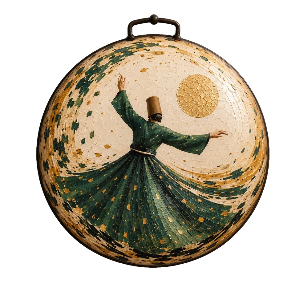 One whirling figure in dark green with a raised arm, surrounded by green and gold strokes beneath a gold disc on a saj.