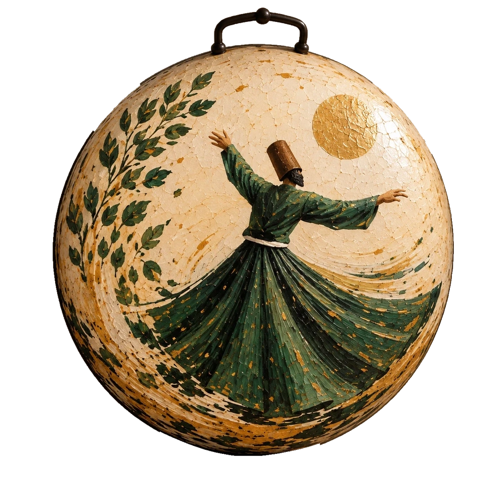 A whirling figure in green beside an olive branch, with a gold disc above, on an ivory saj.