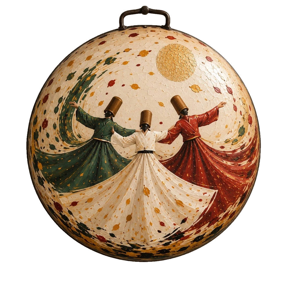 Three whirling figures in green, white and red, with the white figure in front beneath a gold disc on a saj.