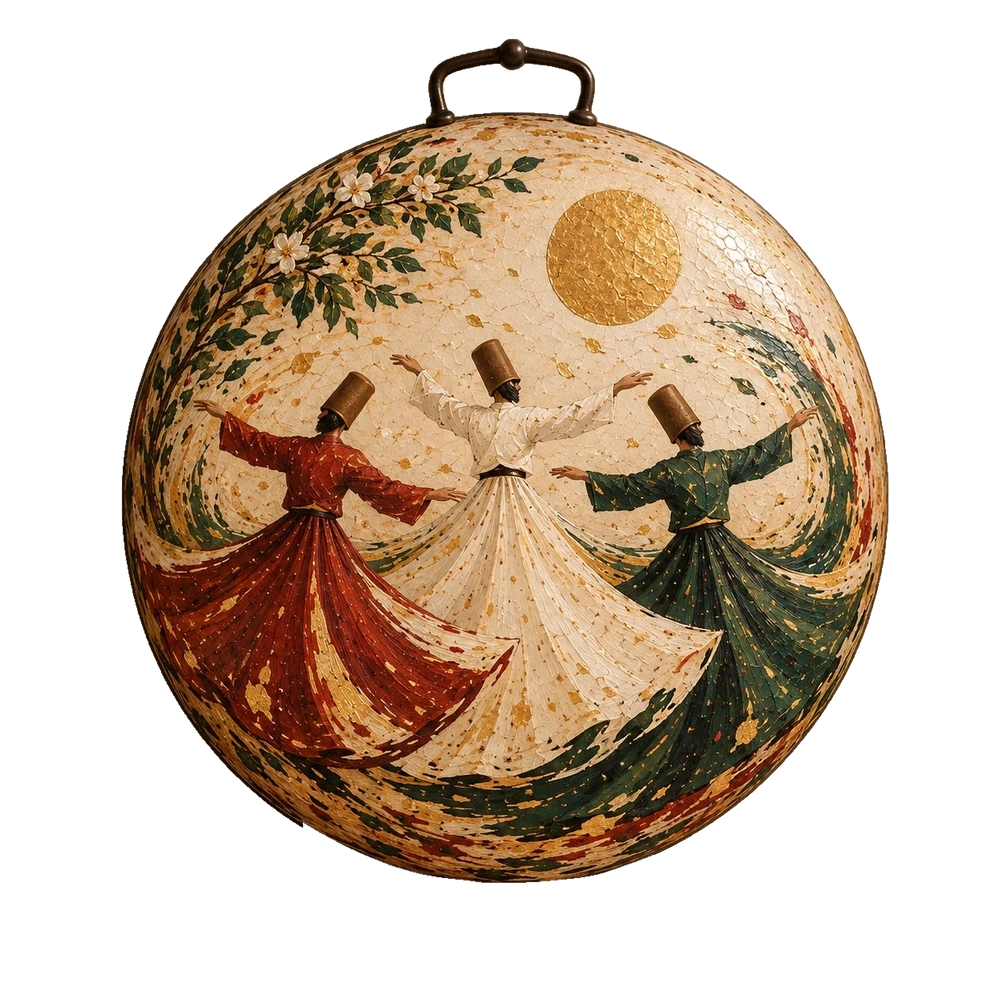 Three whirling figures in red, white and green beneath a flowering branch and a gold disc on an ivory saj.