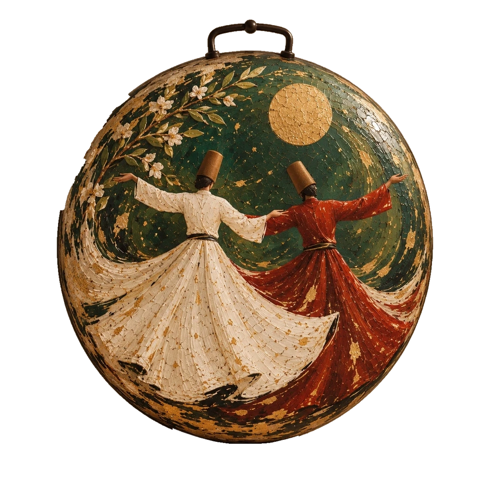 Two whirling figures in white and red beneath pale flowers and a gold disc on a deep green saj.