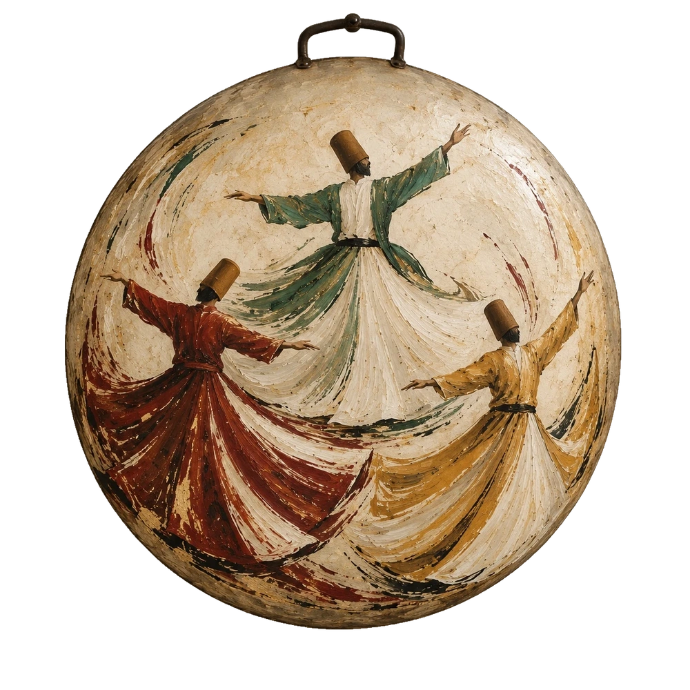 Three whirling figures at different heights: green and ivory above, red at lower left and gold and ivory at lower right on a saj.